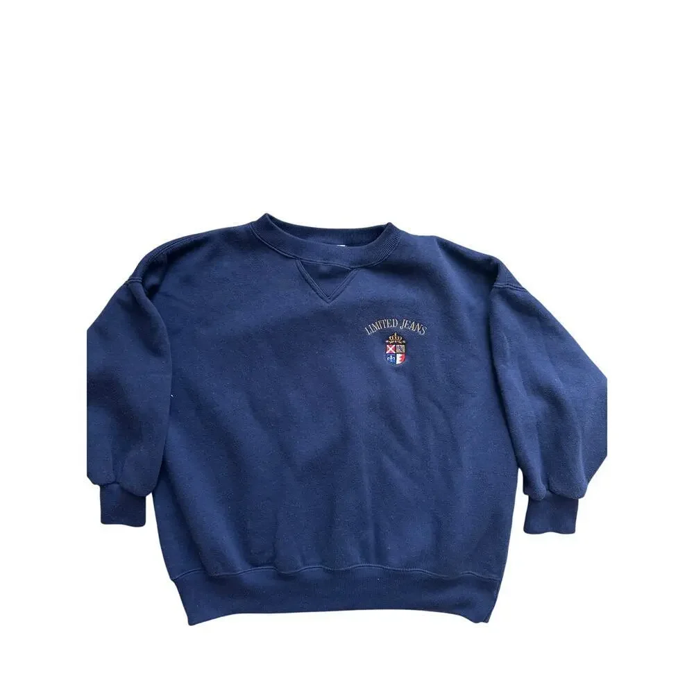 Vintage 90s Limited Jeans Sweatshirt Navy Blue Crest Logo M Cropped Sleeves - Picture 1 of 7